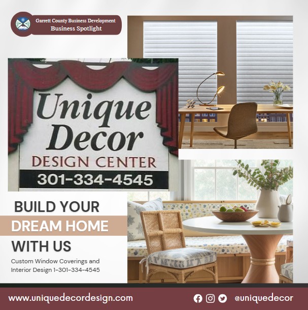 Today's Business Spotlight 📣 is on Unique Decor! 
Visit them at www.uniquedecordesign.com or Unique Decor
Follow us to see more daily Garrett County Business Spotlights!
If you are interested in having your business featured contact Connor Norman at cnorman@garrettcountymd.gov. #BusinessDevelopment #garrettcountymd